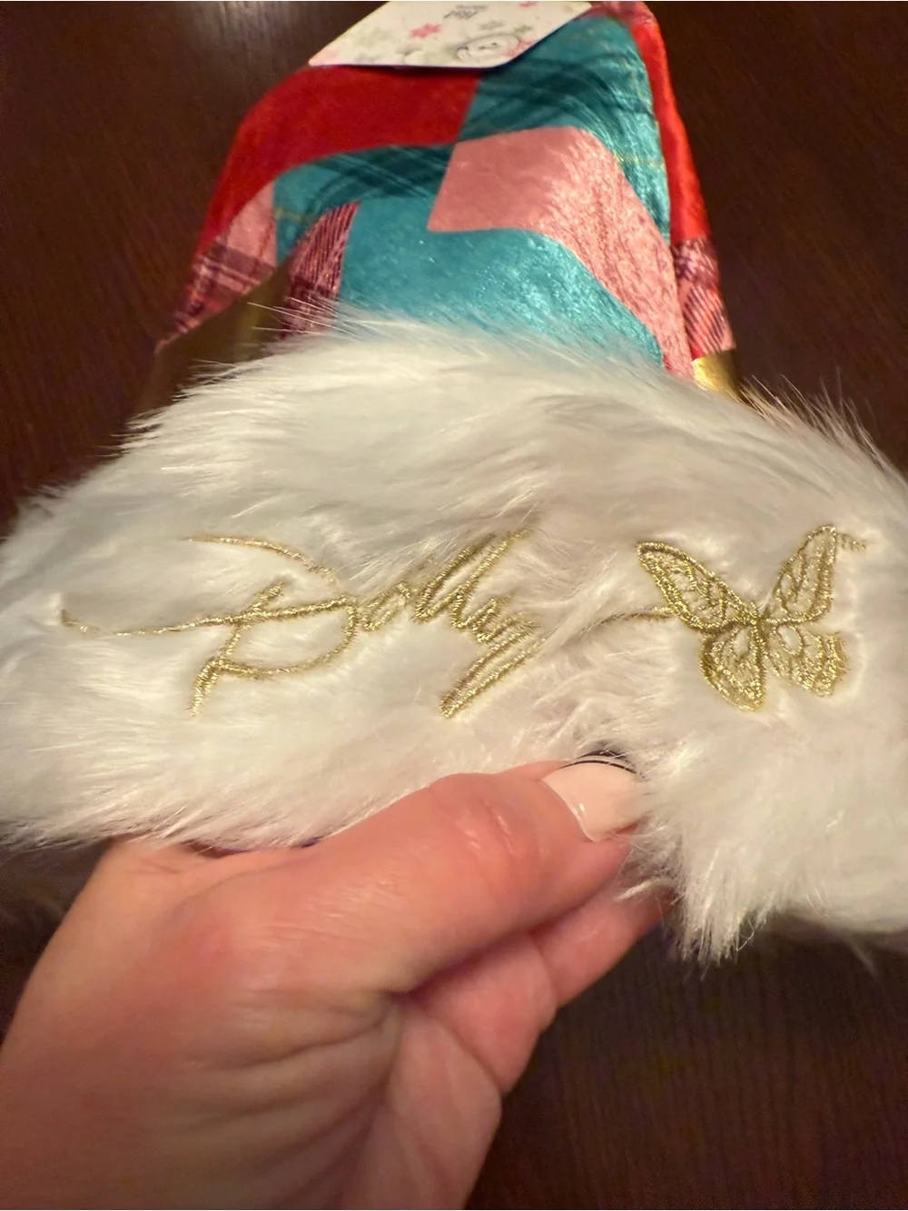 Dllly Parton Holiday Coat of Many Patchwork Santa Hat White Faux Fur Trim